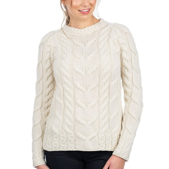 SAOL Aran Sweater Made in Ireland 100% Premium Merino Wool for Women | Irish Crew Cable Knitted Raglan Pullover | Natural White