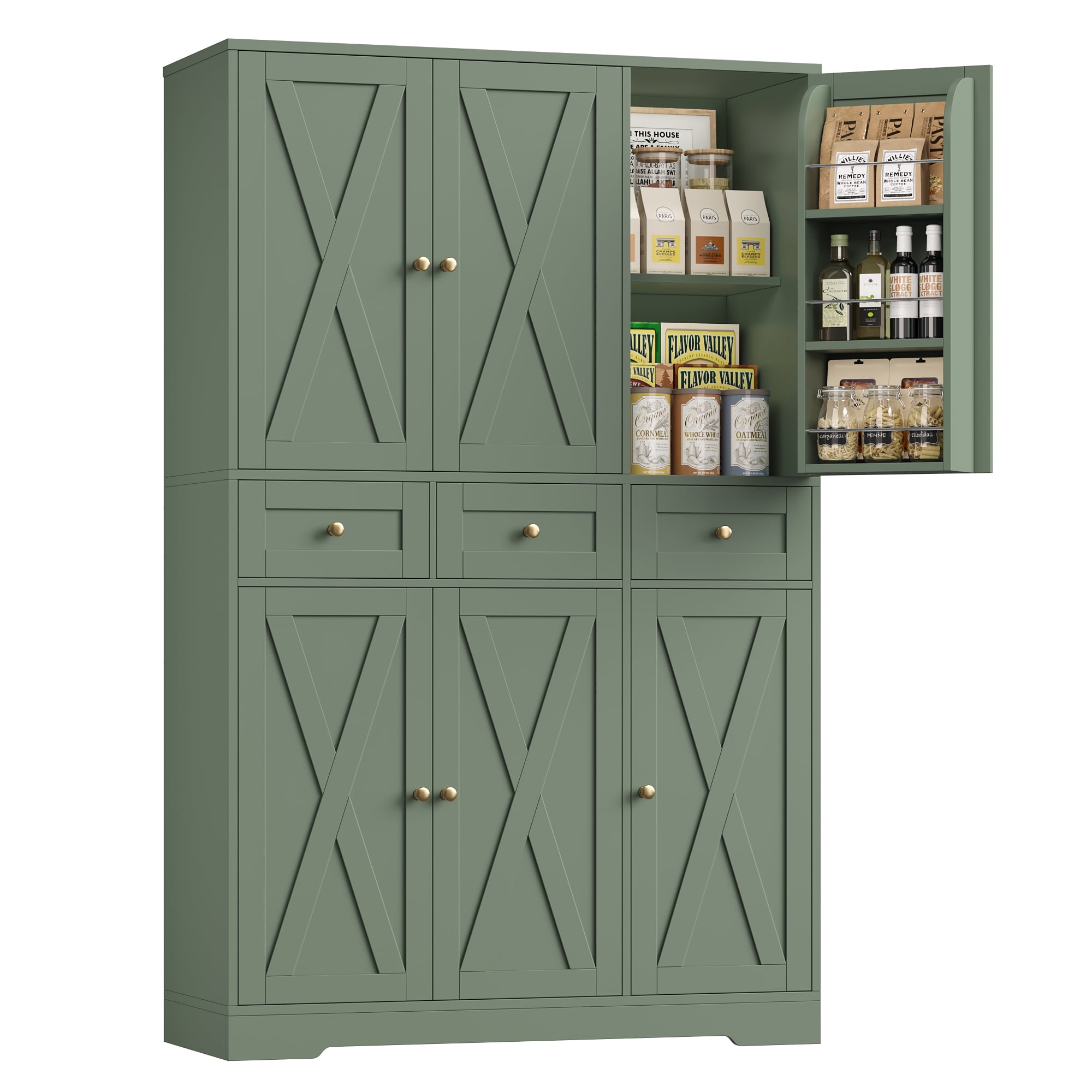 Hiphuta 67" Tall Farmhouse Kitchen Pantry Storage Cabinet with Door Shelves, 43" Wide Large Cupboard Hutch with 3 Drawers, Green