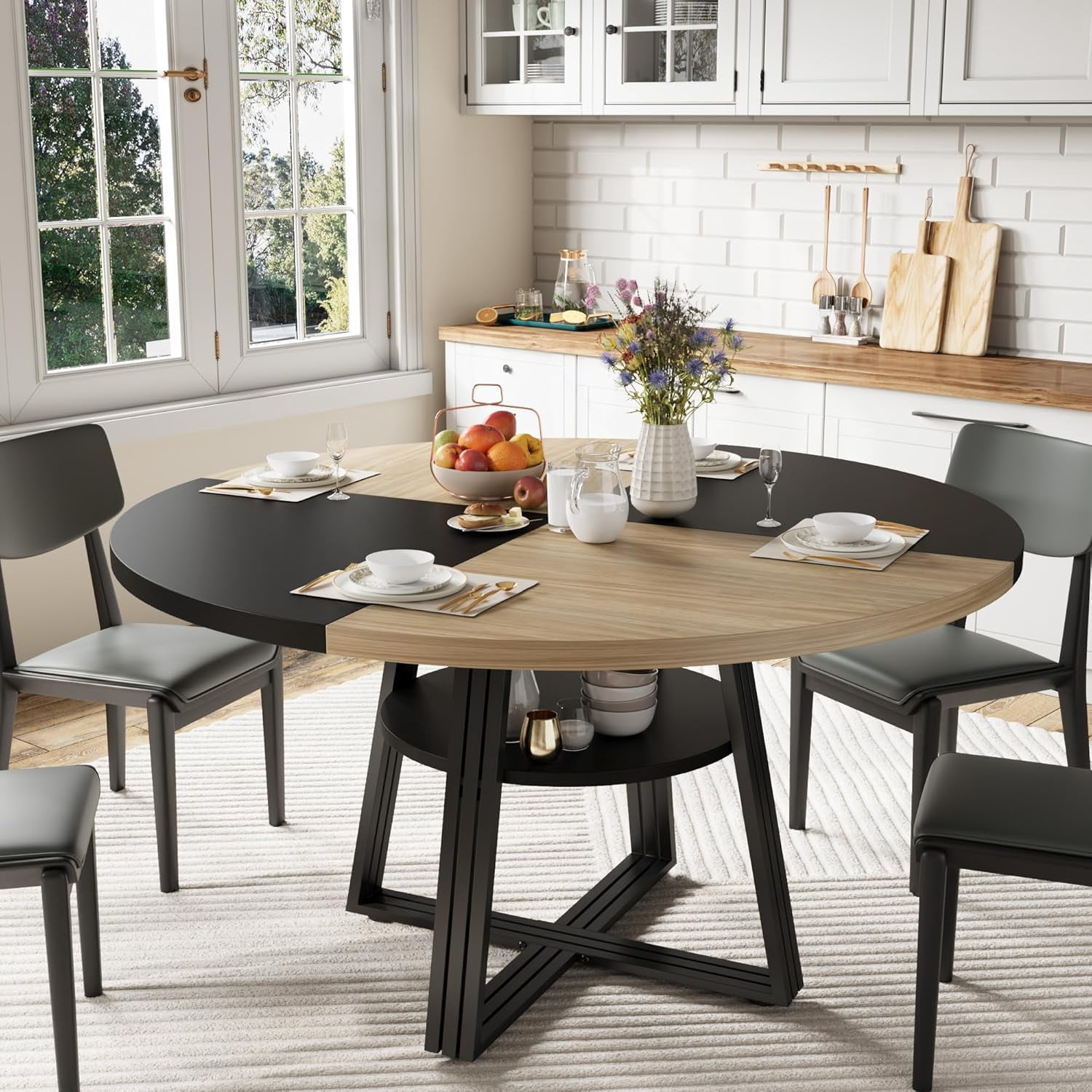 Round Dining Table for 4-6, 47.2" Farmhouse Kitchen Table with Storage, Circle Dinner Tables for Kitchen, Dining Room, Living Room, Meeting Room, Apartment(Black, Walnut)