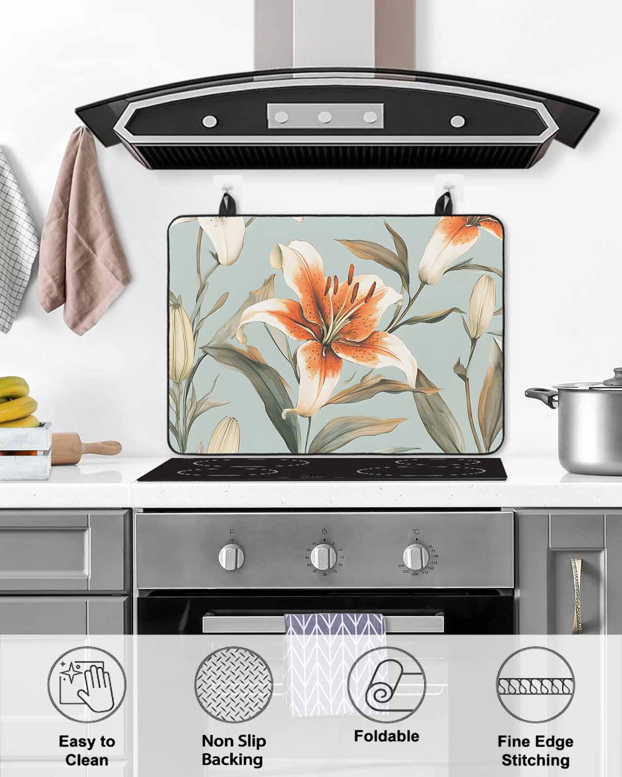 nqOlkjepod Large Induction Cooktop Protector Mat 36"x21", Lily Flower Stove Top Covers for Electric Stove, Watercolor Country Blooms Spring Botanical Art Stove Burner Cover Mats Stove Cover