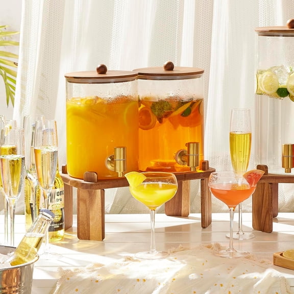 2 PCS Glass Beverage Dispenser with Wood Stand, 1 Gallon Water Drink Dispensers for Parties with Stainless Steel Spigot
