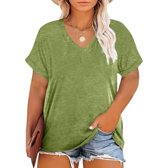 ClodeEU Women's Plus Size V Neck Short Sleeve T-Shirt ,Solid Color Casual Loose Fit Summer Tee Green,Womens Plus XXXL