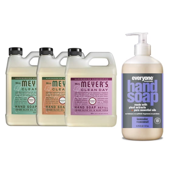 Liquid Hand Soap Refill, 1 Pack Basil, 1 Pack Geranium, 1 Pack Peony, 33 OZ each include 1, 12.75 OZ Bottle of Hand Soap Lavender   Coconut