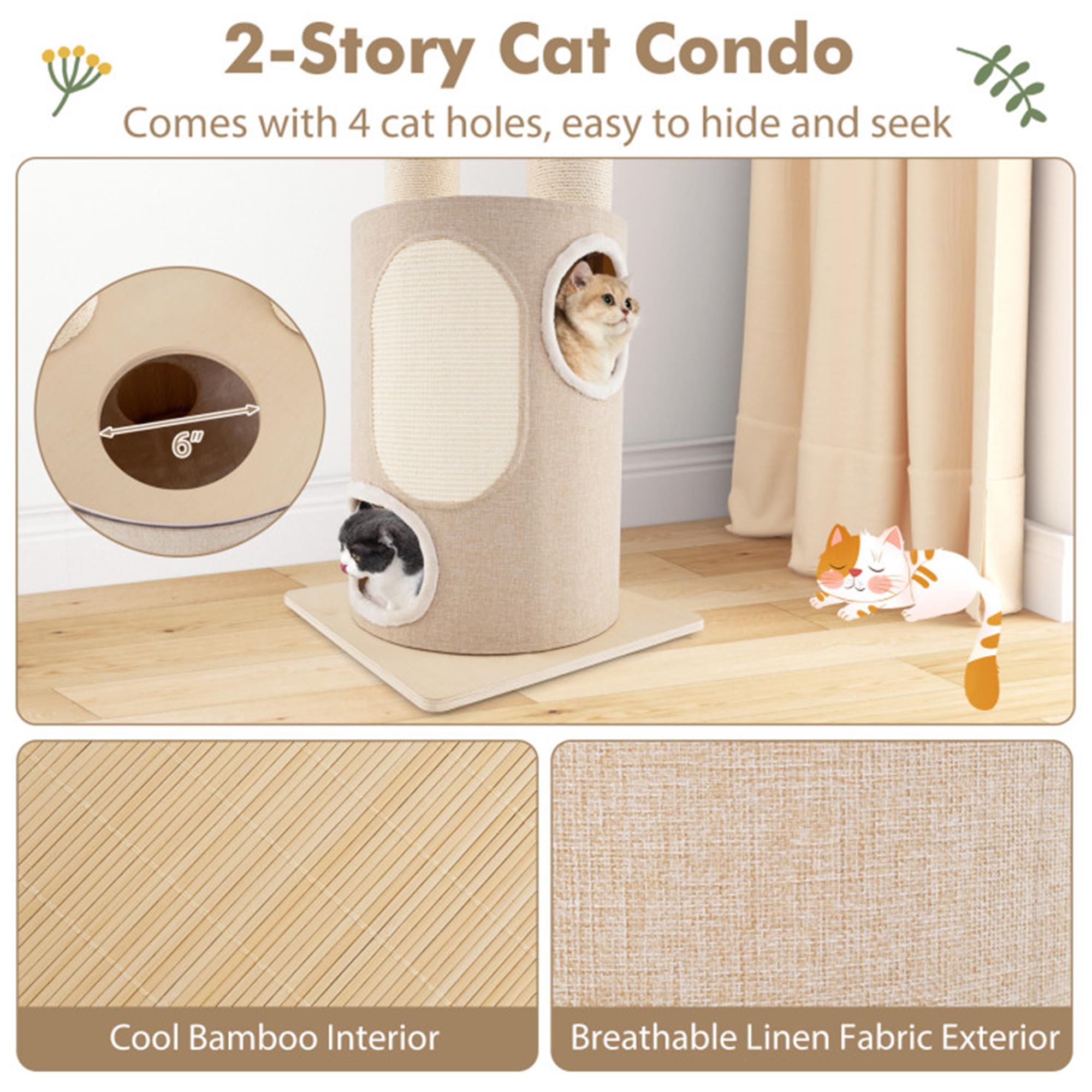 Kadyn 74" Cat Tree with Scratching Post, Cat Tower with 2 Stoery Cat Condo and Top Perch, Multi-Platform Cat Tree House, Beige