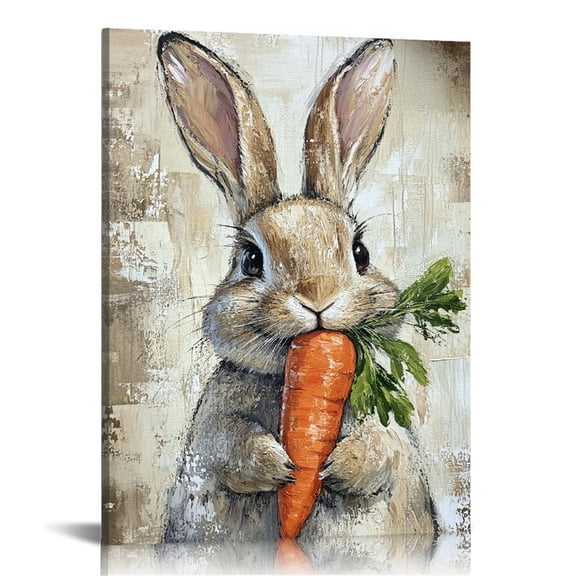 Adorable Bunny with Carrot Canvas Wall Art print - Whimsical Farmhouse Animal Art, Rustic Rabbit Wall Decor for Kids Room or Kitchen Home Bedroom living room Home Wall Decor Framed