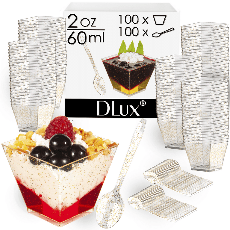 Dlux 100 x 3 oz Mini Dessert Cups with Spoons, Shooter - Clear Plastic Parfait Appetizer Cup - Small Reusable Shooter Glass for Tasting Party