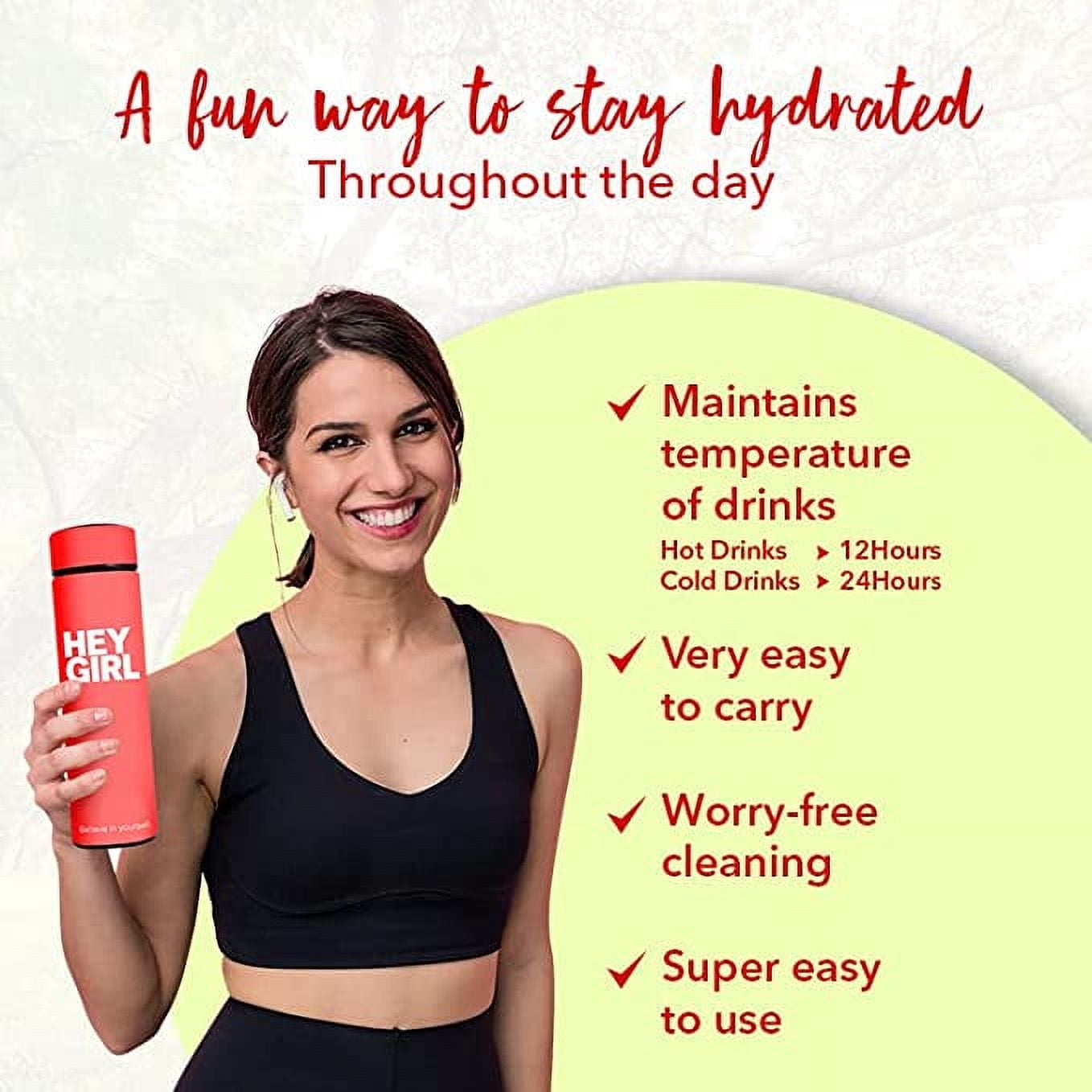 Hey Girl Tea Infuser Bottle 450ml - Insulated Stainless Steel Water Bottle (Coral Red)
