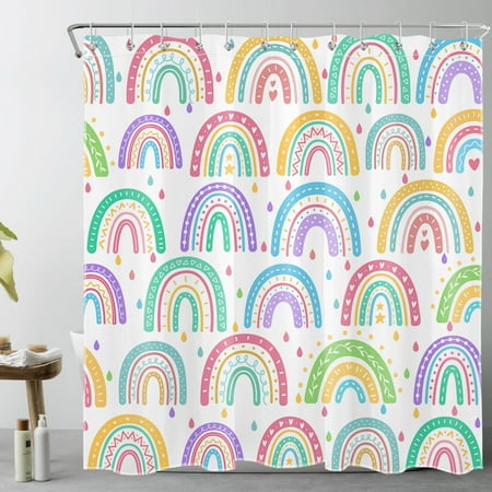HVEST Boho Rainbow Shower Curtain Decor, Abstract Geometric Pattern Colorful Cute Kids Shower Curtain for Bathroom 69X70 inch Polyester Fabric Bathroom Decoration Bath Curtains Hooks Included