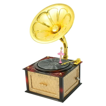 Wind-up Clockwork Antique Horn Disc Shape Music Box w Jewelry Case for Children Kids