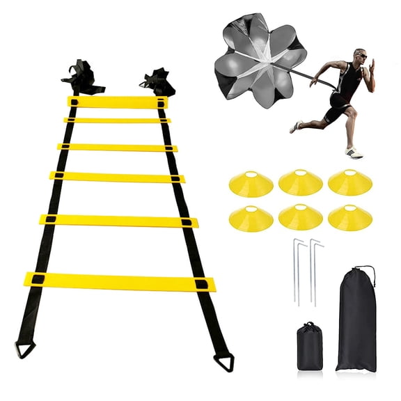 Agility Ladder, 12 Rung Speed Ladder Set 19.7ft with Carrying Bag, 6 Disc Cones, 4 Steel Stakes, 1 Resistance Parachute, Adjustable Straps Speed Agility Training Set for Football Basketball Hockey