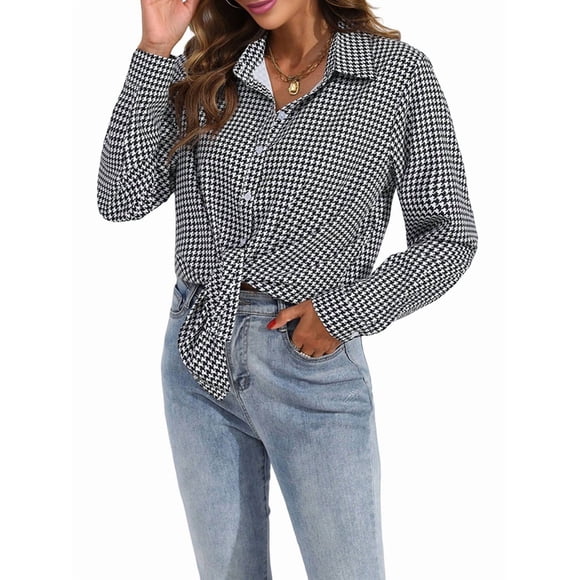 Camisas de Mujer con Botones, Casuales, de Larga, A Cuadros, con Estampados, Blusas Holgadas con Cuello A . Negro S