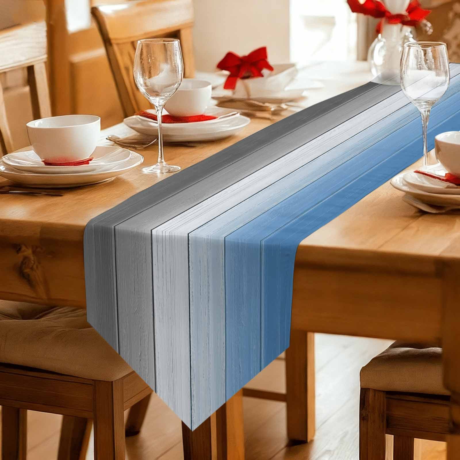 Blue Gray Ombre Table Runner Linen Burlap Table Runner 36 Inches Small Vintage Country Wooden Dresser Scarves for Kitchen Island Coffee Dining Room Party Wedding Banquet Holiday Decoration 13"x36"