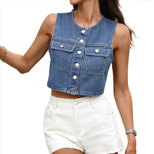 Chalecos Vaqueros para Mujer, Top Corto de Mezclilla, Chaleco con Botones, Camisetas Sin Mangas, Chaqueta Informal de Moda Sin Mangas Azul L