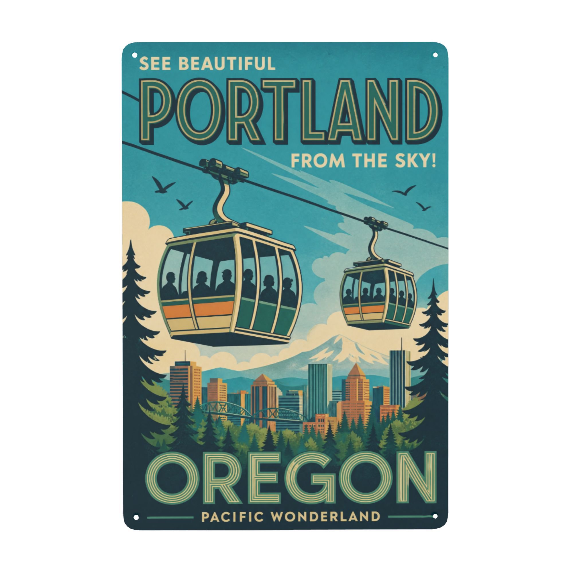 Portland Oregon Skyline Vintage Travel Poster Metal Tin Sign For Garden Yard Porch And Home 8x12 Inch