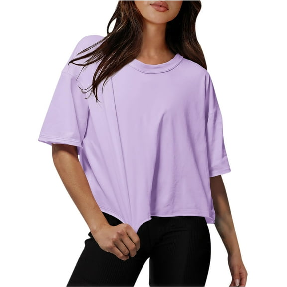 short sleeve tops for women,cropped t shirts for women,Drop Shoulder Solid Color Round Neck Oversized Crop loose Workout Tees,Half Sleeve T-Shirts crew Neck Tops Casual Summer Basic Tees