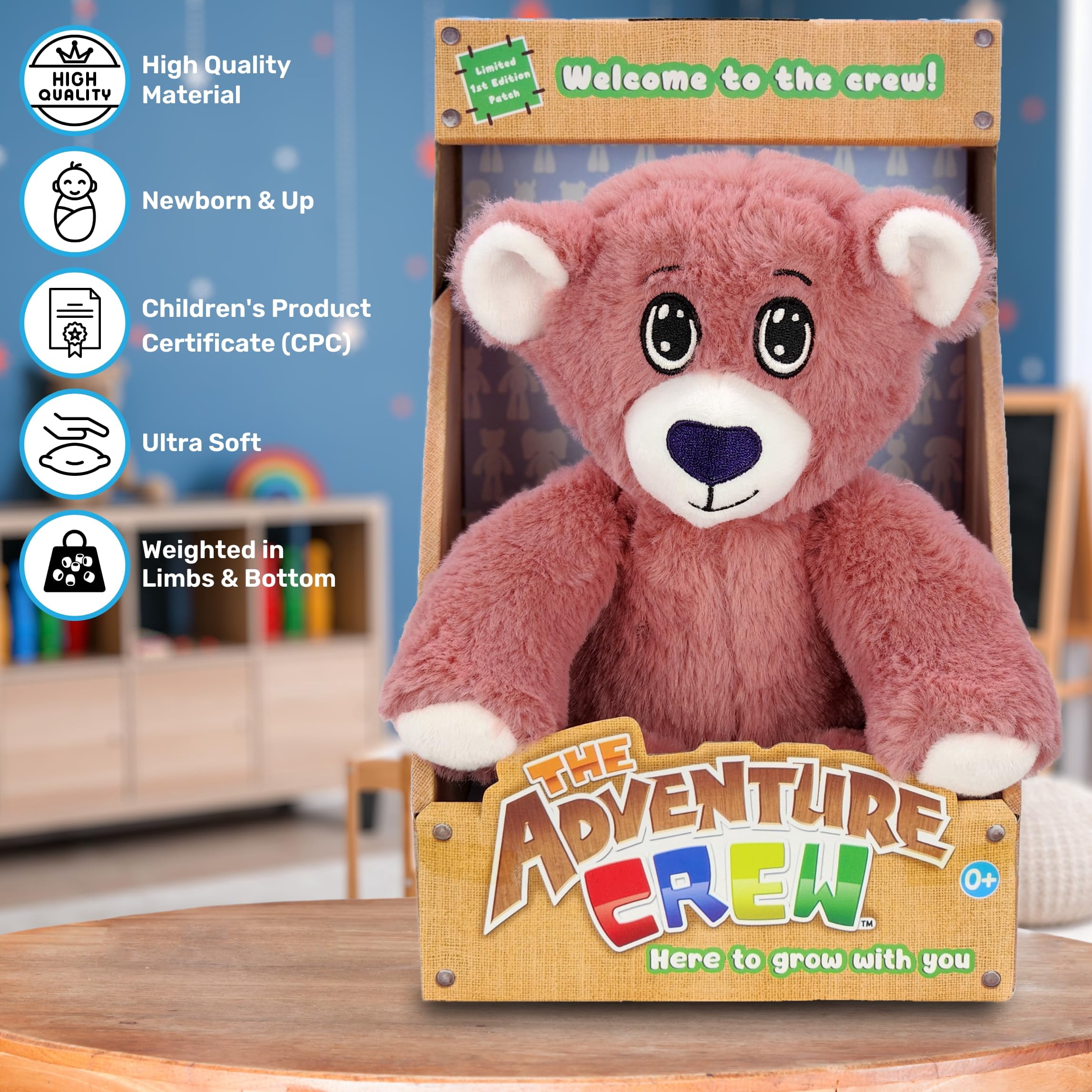 The Adventure Crew Bo the Bear Plush Comfort / Activity Toy for Newborn and Up | Ultra-Soft, 11.5" Compact Size with Weighted Limbs | Interactive Companion for Early Learning