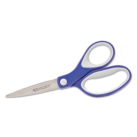 Kleenearth Soft Handle Scissors, Pointed Tip, 7" Long, 2.25" Cut Length, Blue/gray Straight Handle | Bundle of 5 Each