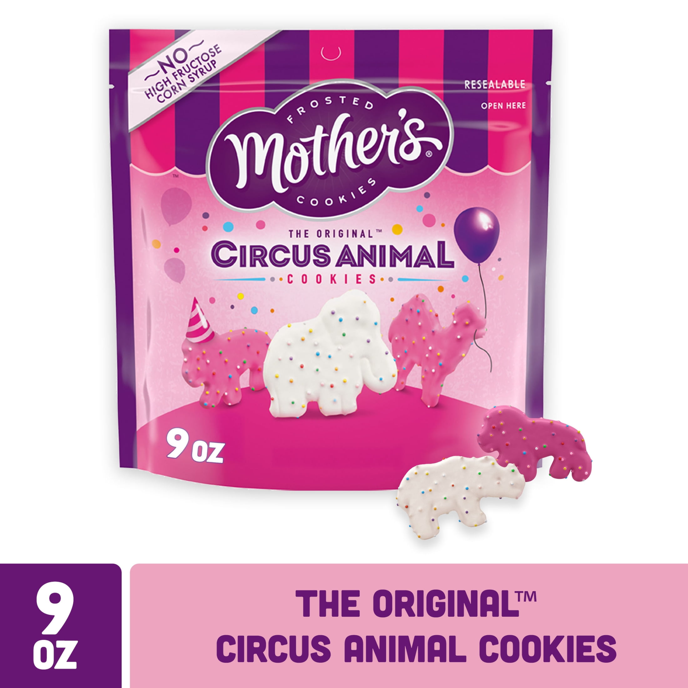 (3 pack) Mother's Original Circus Animal , Frosted Animal Cookies with Rainbow Sprinkles, Resealable Bag, 9 oz