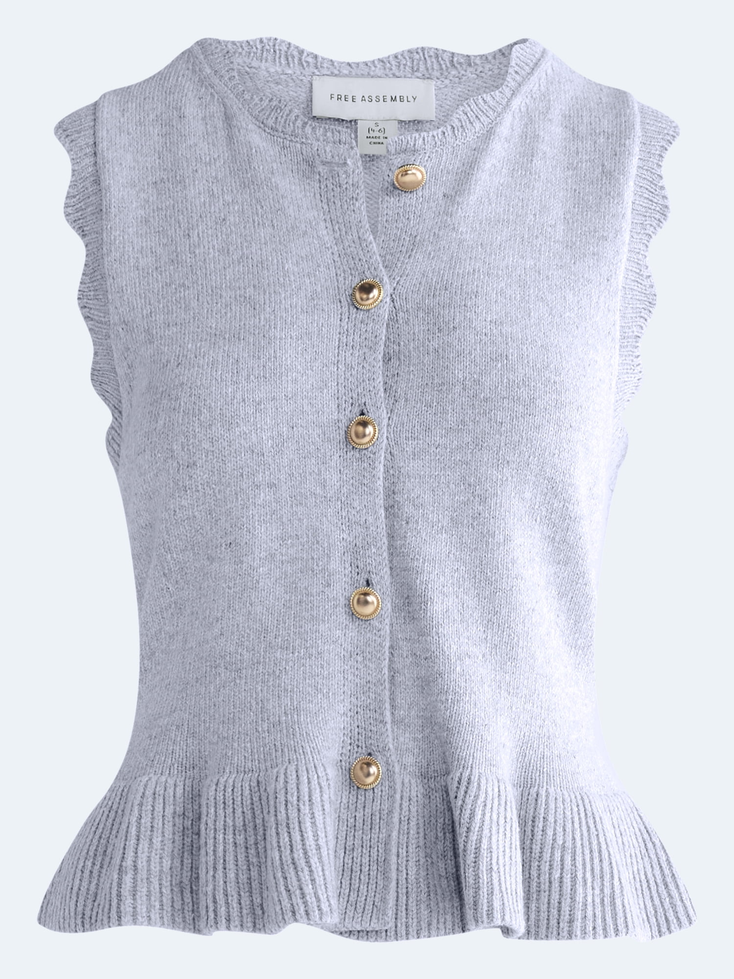 Free Assembly Women's Scalloped Trim Peplum Hem Sweater Vest, Lightweight, Sizes XS-XXL