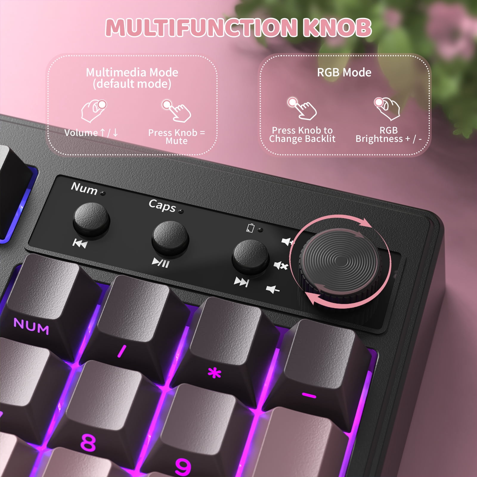 Freewolf-ZIYOULANG K100 Gaming Membrane Wireless 99 Keys Tri-Mode BT/2.4GHz/USB-C Computer Keyboard with Accessories Included, Pink