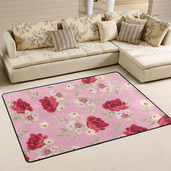 SKYSONIC 36x24in Vintage Rose Flower Area Rug, Pink White Floral Non-Slip Floor Carpet for Indoor Living Dining Room Bedroom