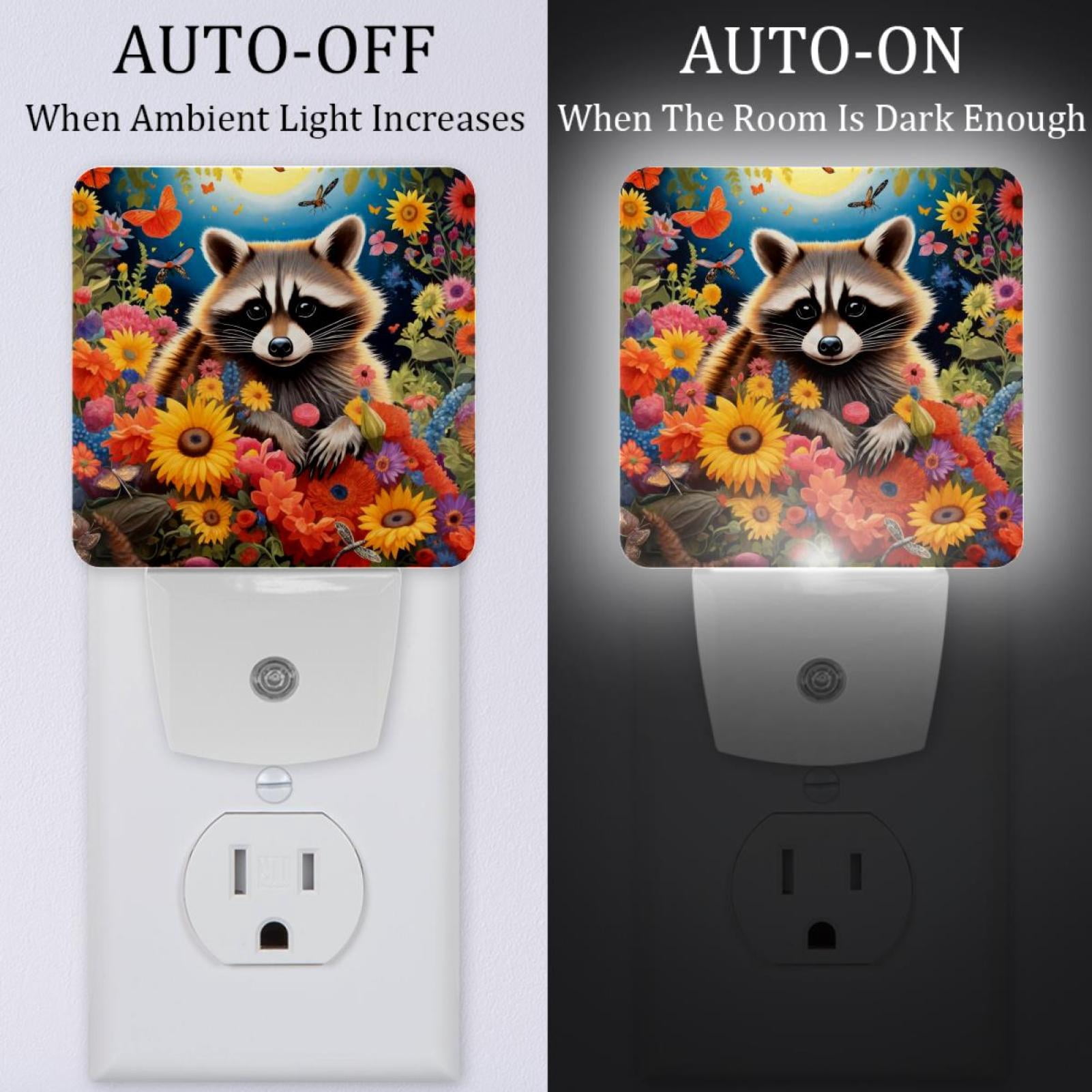 PhooArto Night Flowers Raccoon Plug in LED Night Light Auto Sensor Dusk to Dawn Decorative Night for Bedroom, Bathroom, Kitchen, Hallway, Stairs, Baby's Room, Energy Saving