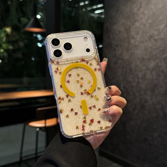 For iPhone 17 Pro Max Case Clear Glitter,Magnetic Hybrid Rubber Anti-Scratch Thin Phone Case [Compatible with MagSafe] Shockproof Maple Leaf Patterned Cute Cover for Women Girl,Yellow