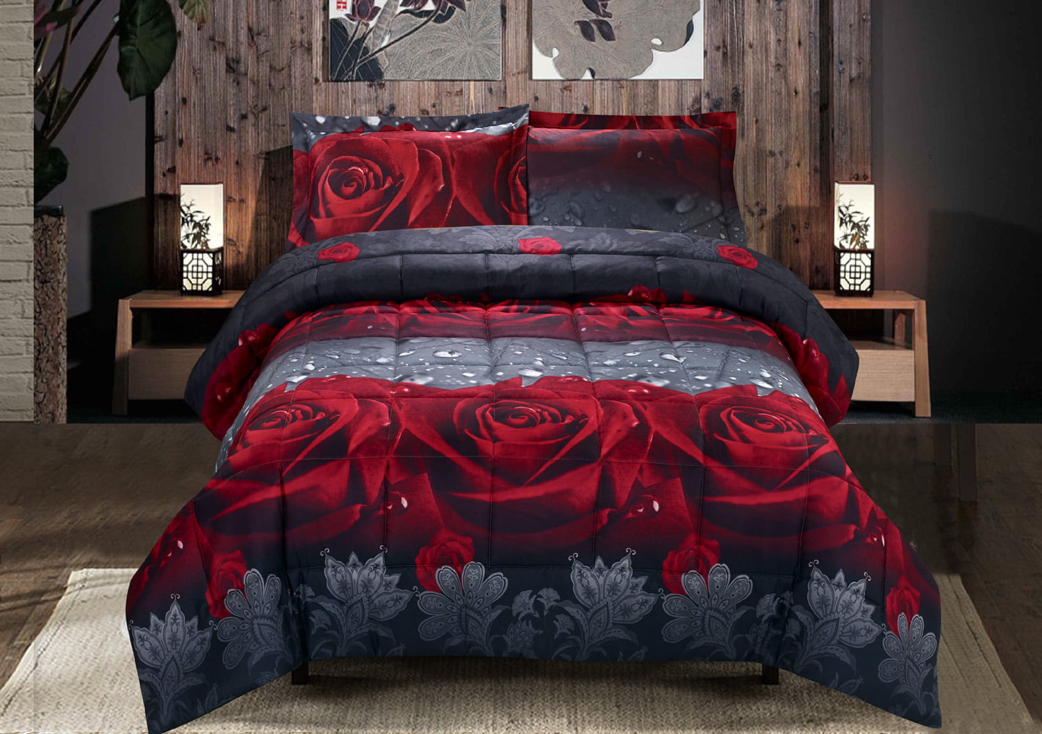 BRHF Black and Red Rose Comforter Set Queen Size, 3 Piece Romantic ...