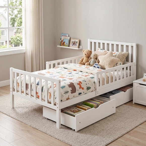 Homy Casa Twin Size Wood Platform Bed with Guardrails, 2 Storage Drawers, White, Space-Saving, Easy Assembly for Kids or Guest Room