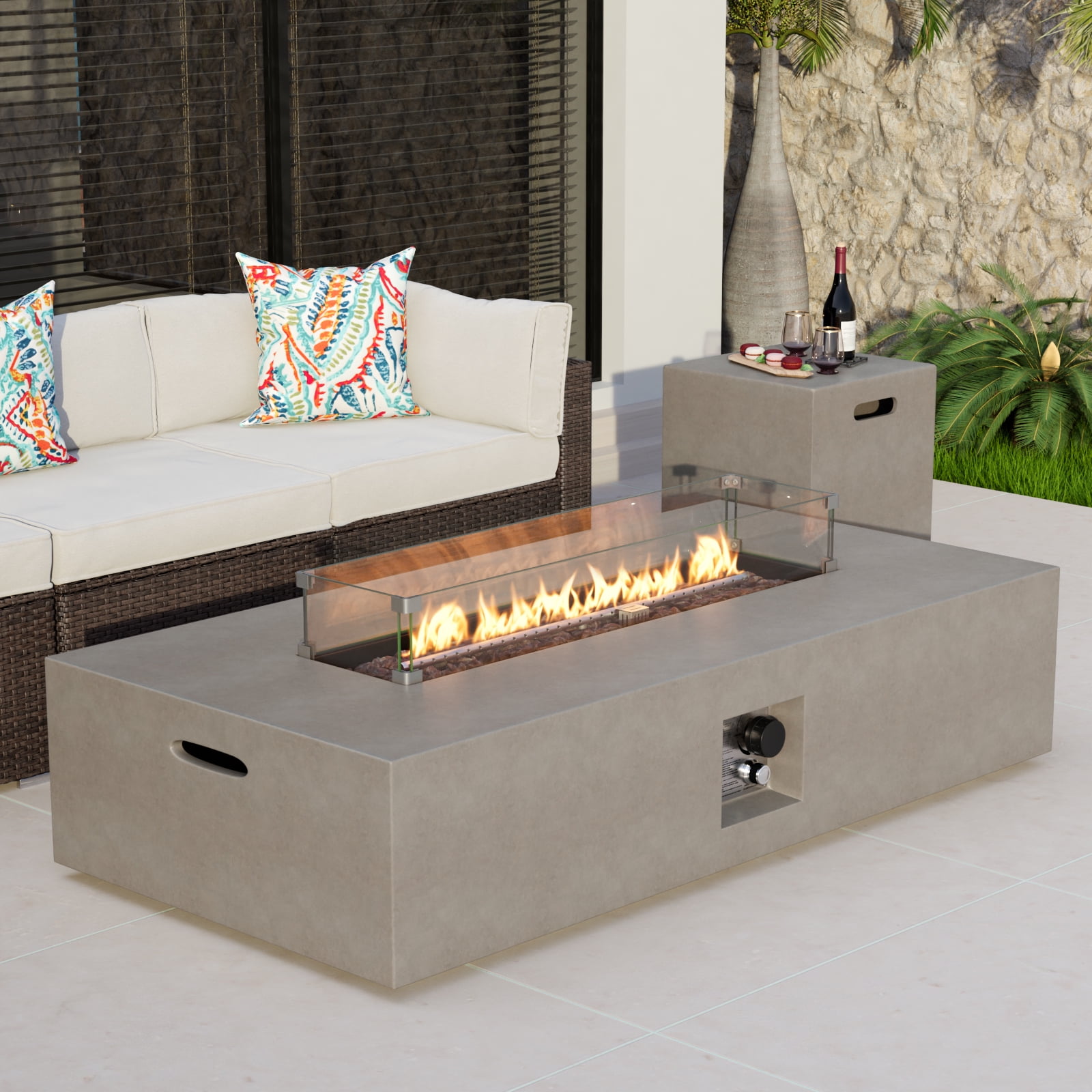 COSIEST 2Piece Outdoor Rectangle Concrete 56inch x 28inch Gray Fire