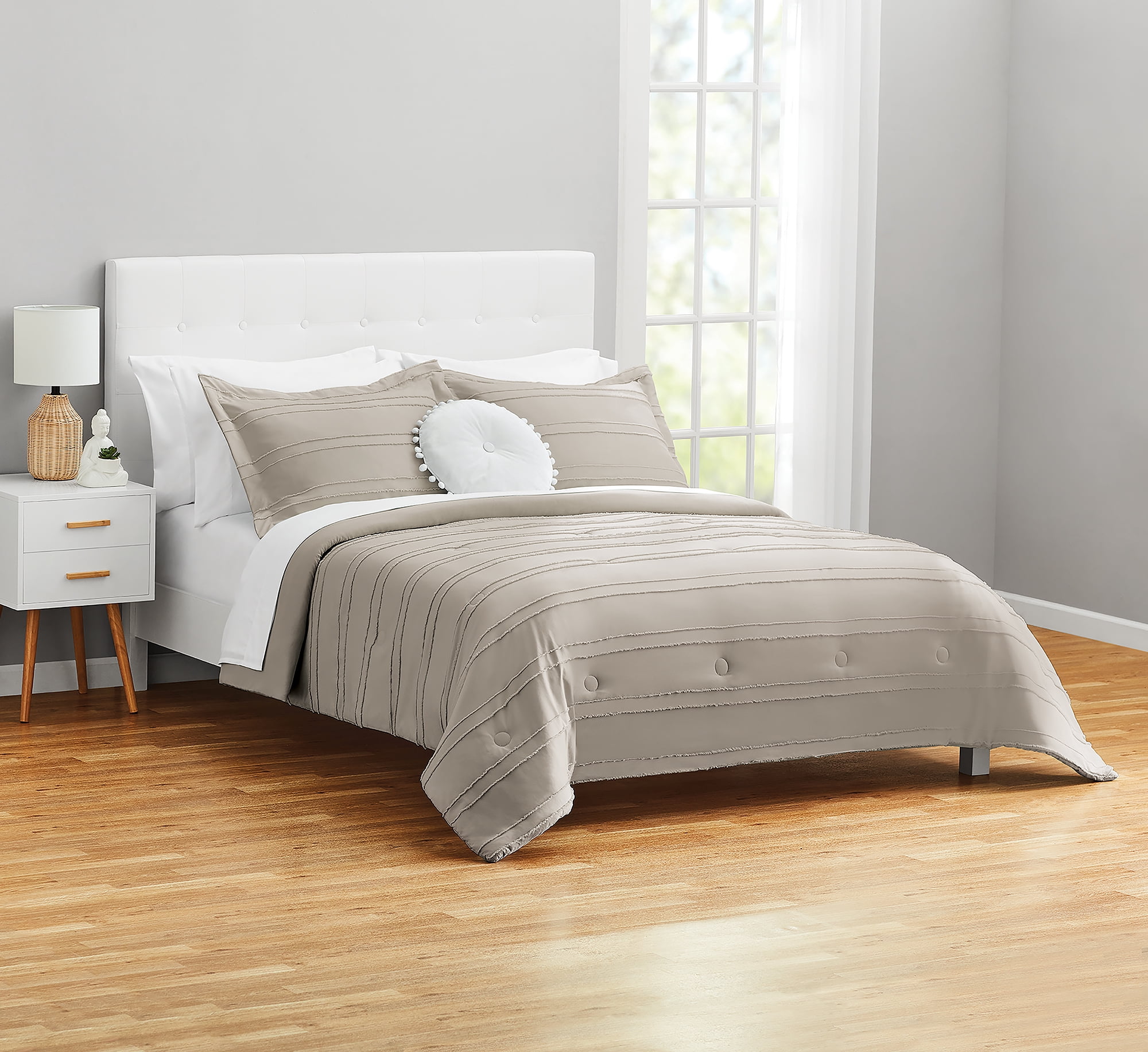 Mainstays 10 Piece Tan Stripe Bed in a Bag Comforter Set with Sheets, Queen