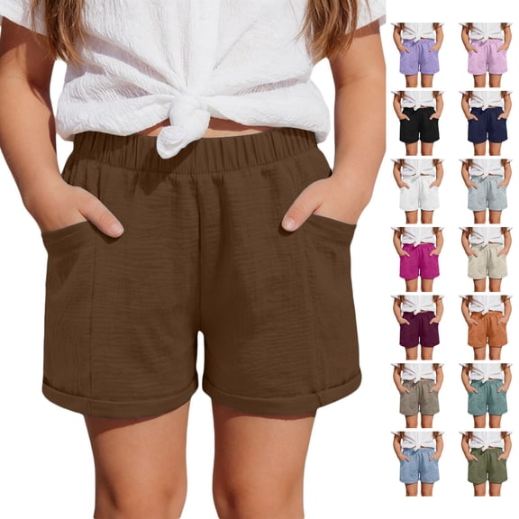 SUXIAN Girls Summer Shorts Casual Solid Color Loose Fit Warm-weather Bottoms Elastic Waist Playwear Soft Twill Pants Print Summer Shorts for Girls Brown_002 10-11 Years
