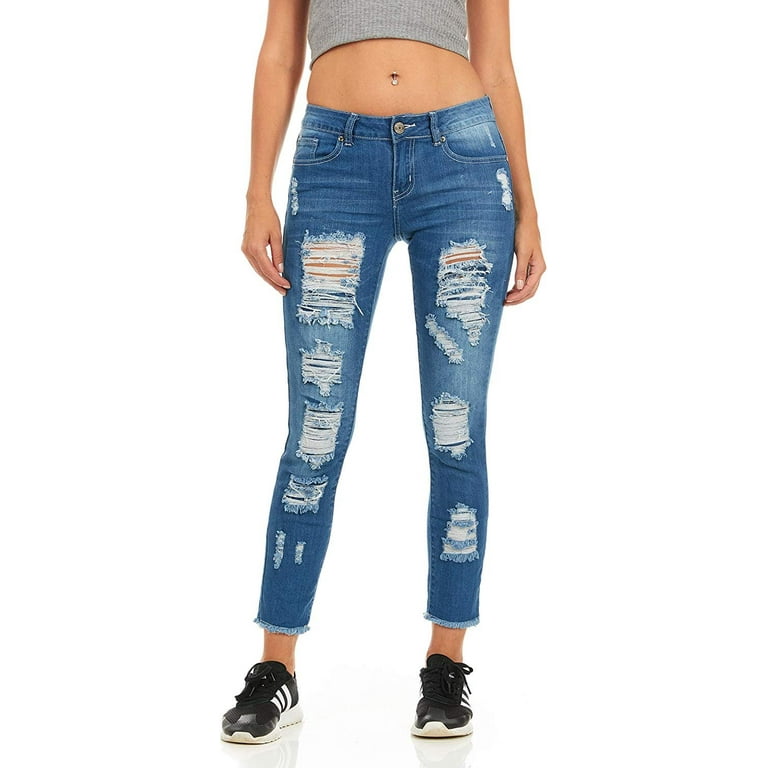 Cute Teen Girl Mid-Rise Distressed Skinny Jeans for Teen Girls Juniors Size  13 Blue Step Hem