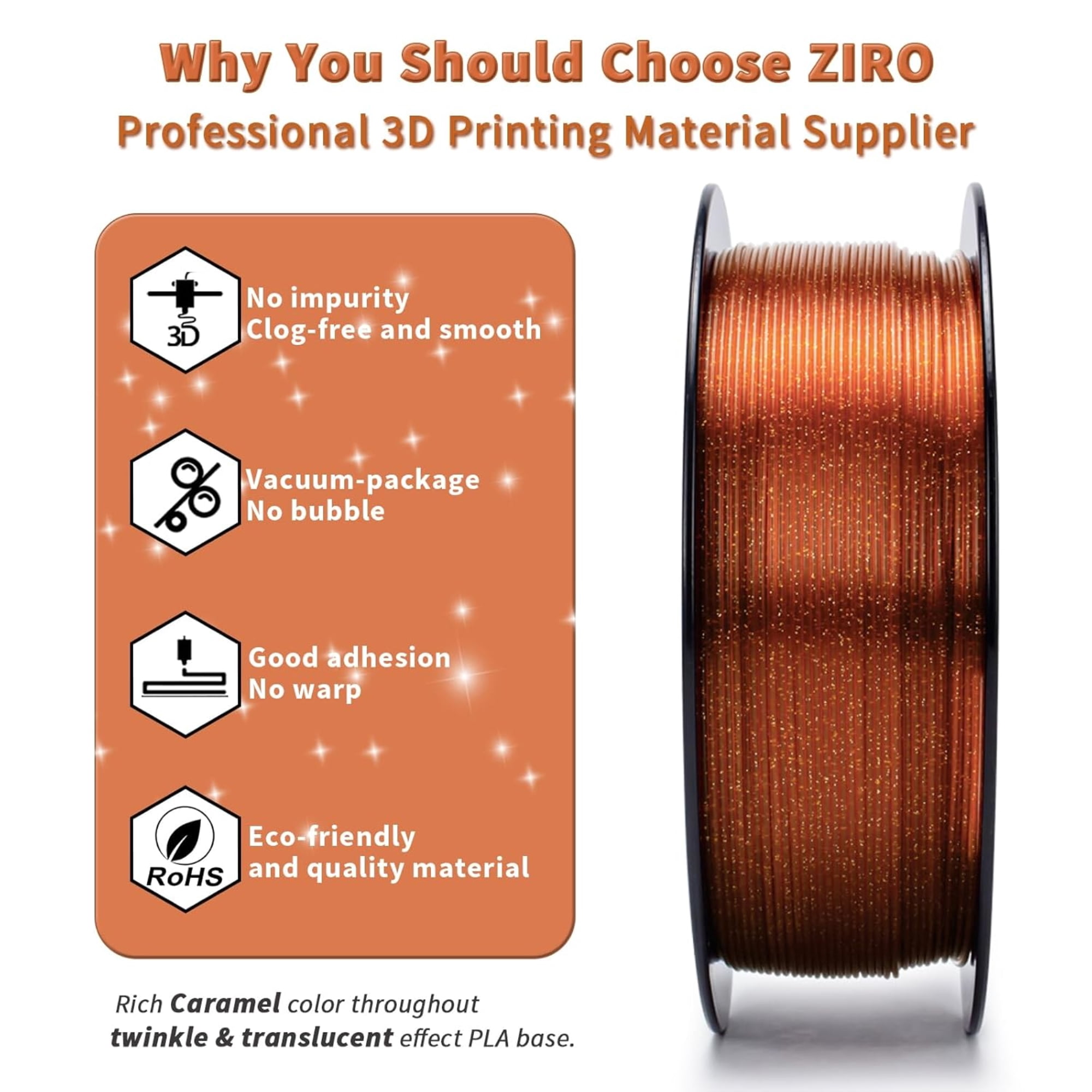 Ziro 3D Twinkling PLA Filament 1.75mm 1kg, Caramel