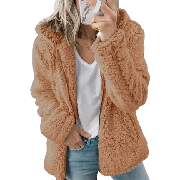 Chaqueta Ligera y Cálida para Mujer, Grandes, con Capucha y Cremallera, Abrigo de Invierno de Forro , Cárdigan Suave y Afelpado con Bolsillos. Marrón XL