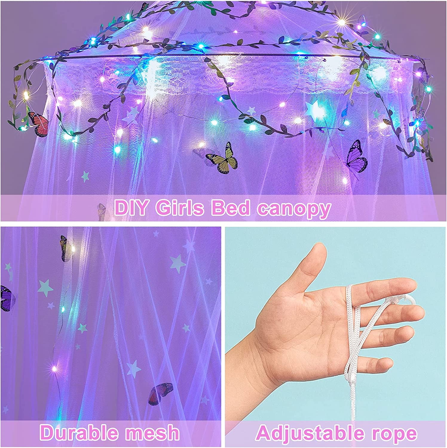 CAILDANL Bed Canopy for Girls Room Bed Canopy Curtains with Led Lights Mosquito Net DIY Princess Room Décor with Stars Butterflies for Kids Bedroom, Hot Pink