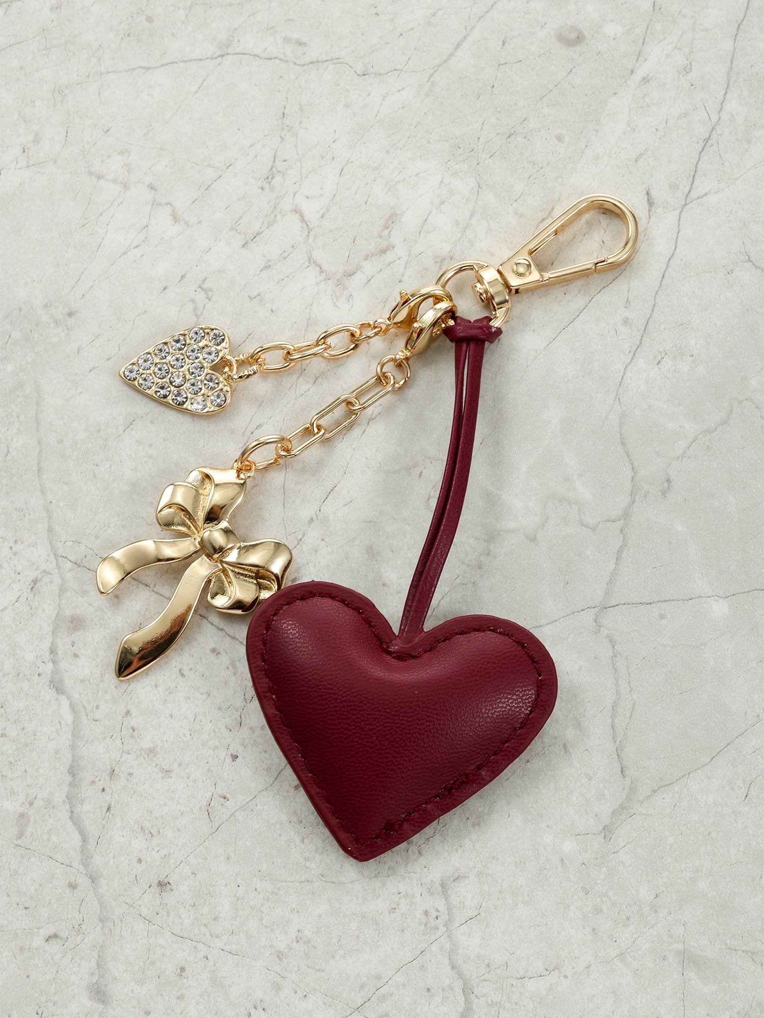 Time and Tru Goldtone and Faux Leather Heart Bag Charm, Red, 1