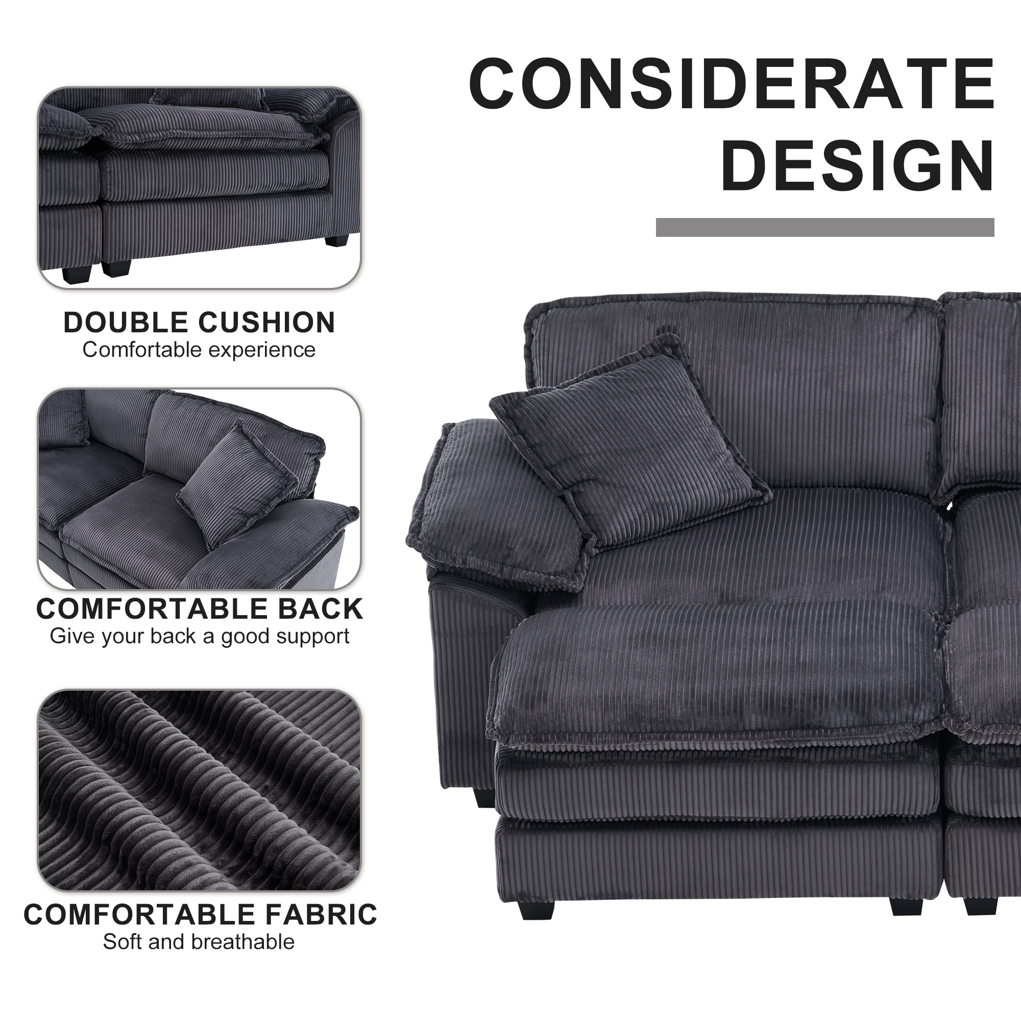 Aukfa Modular Sectional Couch Deep Seat Loveseat Sofa with 2 Ottoman for Living Room, 6 Pillows, Corduroy, Gray