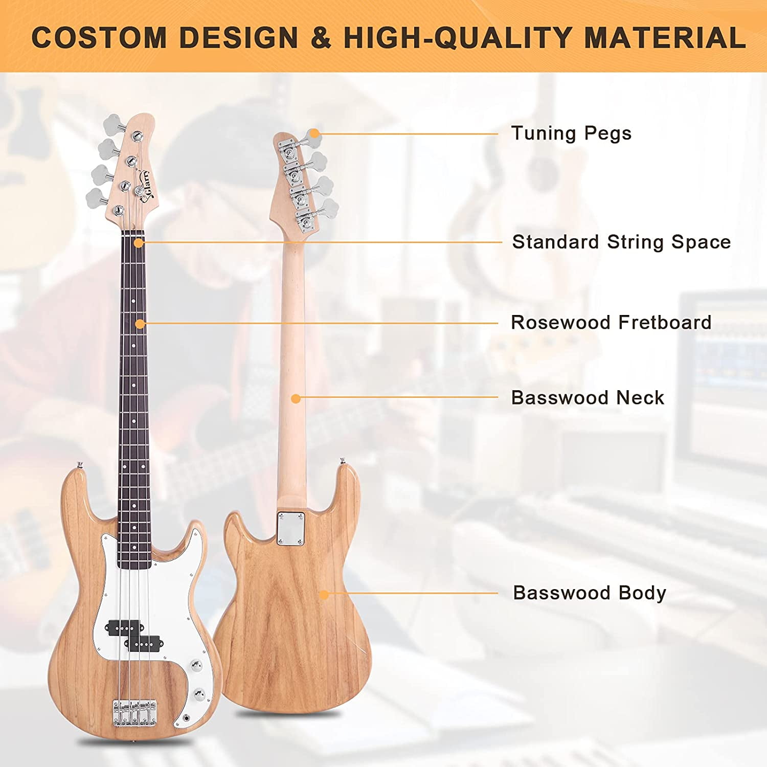 GLARRY Full Size Electric Bass Guitar with 20W AMP, 4 String Beginner Starter Kit with Accessories including Cable, Strap, Bag for Kids and Adults (Burly Wood)