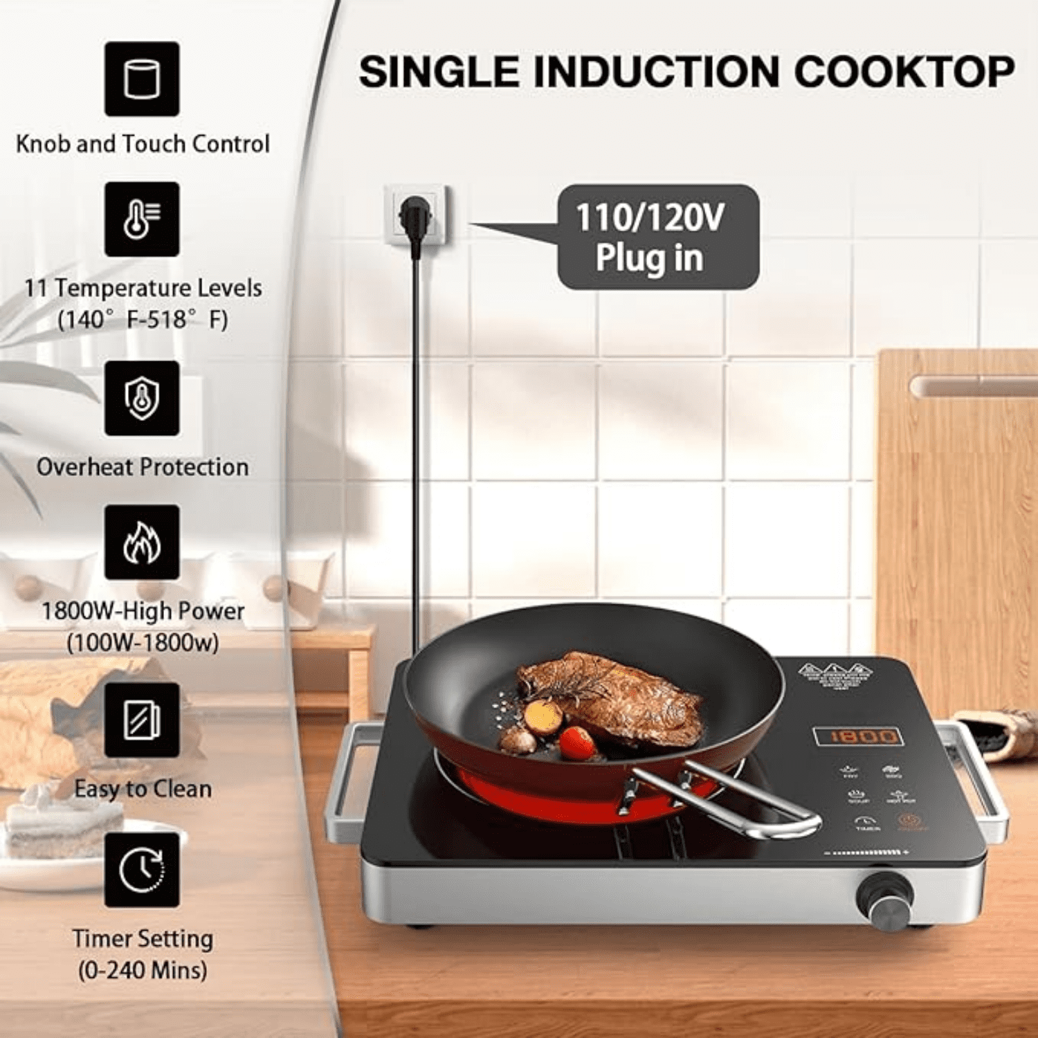 Portable Electric Cooktop 110V, 1800W Electric Stove Infrared Hot Plate with Knob Control, Single Burner Countertop Burner with Handle, 4-Hours Timing Setting, Compatible for All Cookwares