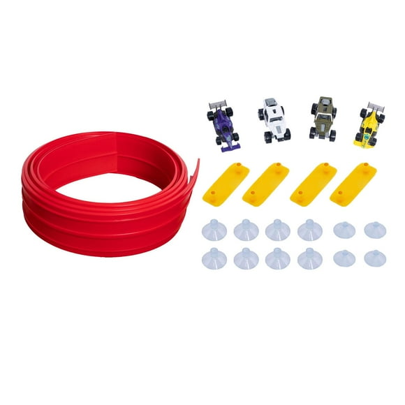 Pista de carreras flexible para coches, juguete para niños, bricolaje, divertido, multiusos, con 4 minicoches de fundición a presión con ventosas,