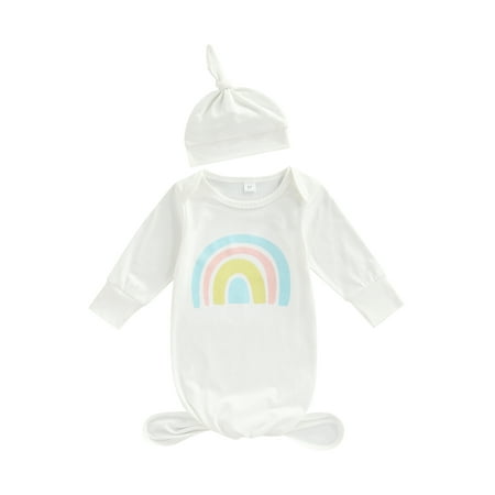 

Nokpsedcb Newborn Baby Sleeping Bag Cap Set Long Sleeve Rainbow Printing Open Crotch Sleeping Bag + Protective Hat Blue Rainbow 0-3 Months