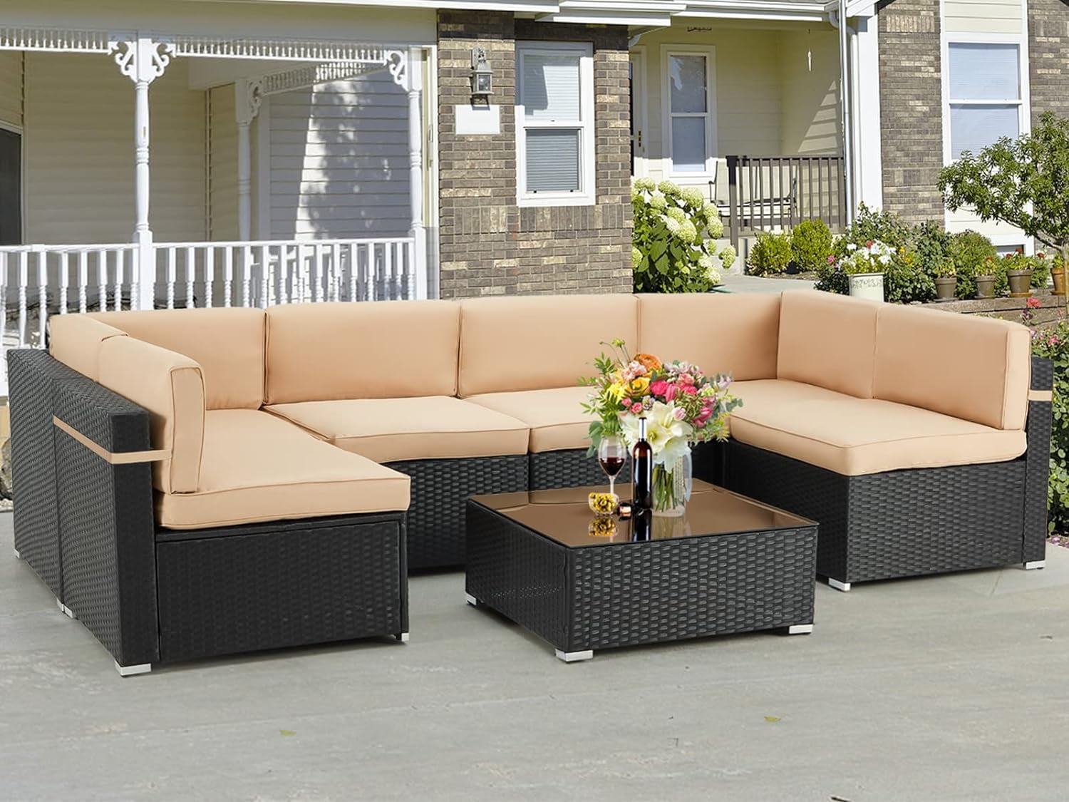 YODOLLA 7-Piece Patio Furniture Set on Sale, Black Rattan Wicker Outdoor Sectional Sofa Couch with Table Patio Conversation Set for Lawn& Backyard In Beige