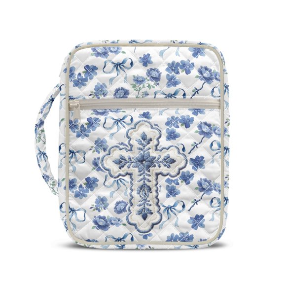 HELLHERO Blue Floral & Ribbon Pattern Bible Cover Case, Zipper Pocket Handle Quilted Bible Cover Elastic Polyester Bible Carrying Book Case for School Daily Use