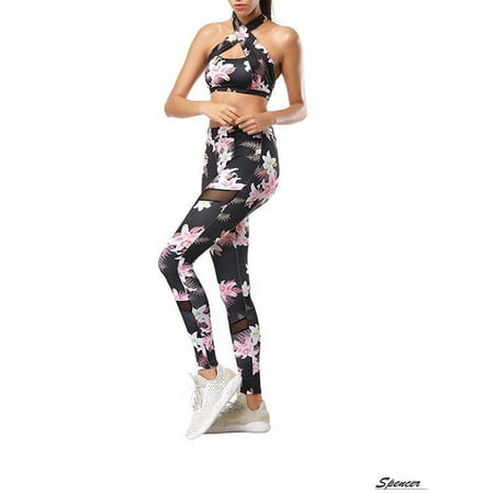 Spencer Women Fitness Floral Sport Sets Sleeveless Vest Yoga Top Bra and High Waisted Pants Stretch Activewear 