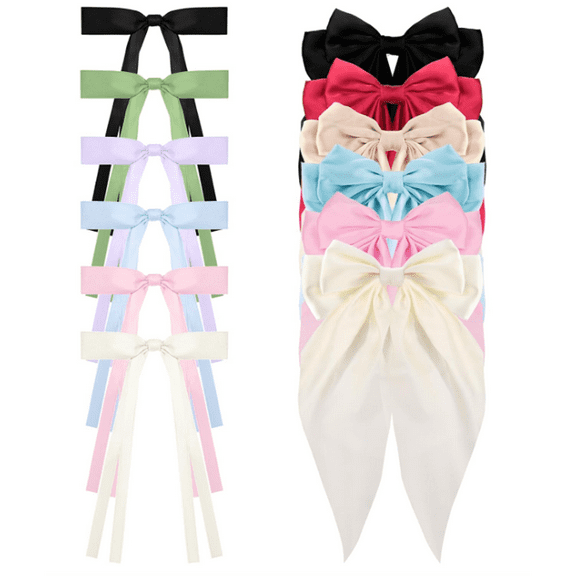 12 Pcs Silky Satin Hair Bows, Oversized Long Tail Bows with Barrette Clips, Coquette Hair Accessories for Women and Girls