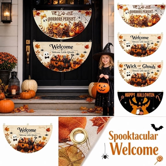 2PCS Halloween Bunting Fan Flag Banner, Half Fan Halloween Bunting Flag Grommets, Fall Cute Ghost Outdoor Bunting Hanging Decor for Halloween Indoor Outdoor House Holiday Yard Decorations Party