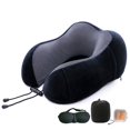 thumbnail image 1 of Juego de 4 piezas (negro) de almohada de viaje, almohada de espuma viscoelástica para el cuello, esencial para el cuello, bolsa de transporte incluida, tapones para los oídos y máscara para dormir, 1 of 5