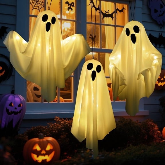 Qoosea 3 pack Hanging Ghosts Halloween Decor, 20 inch LED Glowing Ghost Halloween Decorations Outdoor Lights for Yard Porch Tree Garden Patio Bedroom Wall Party, Warm White