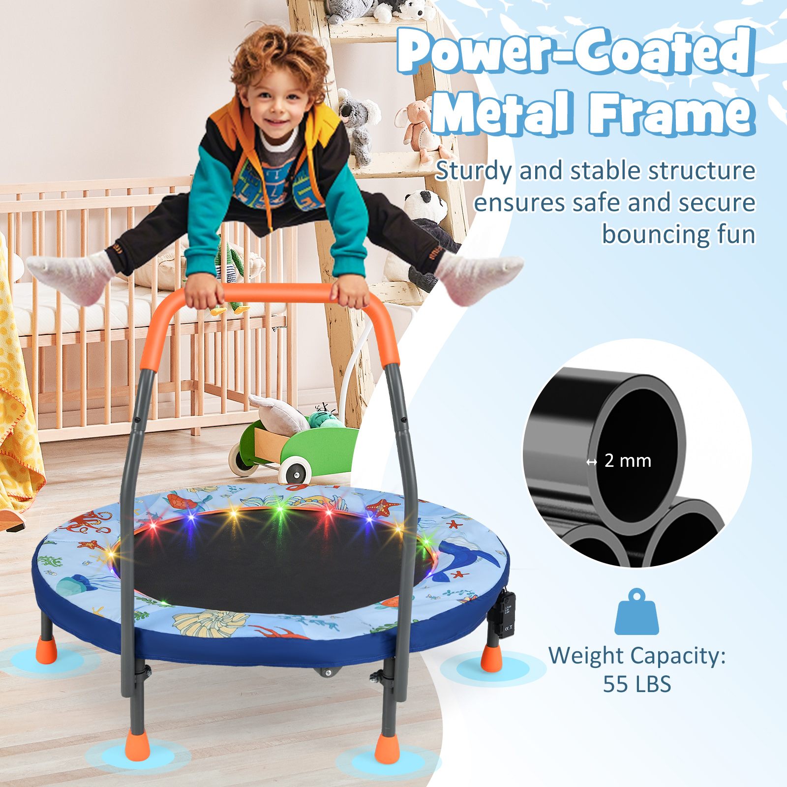 Gymax 36'' Foldable Kid Trampoline w/ 20 LED Lights Foam Handlebar Padded Safety Cover Blue